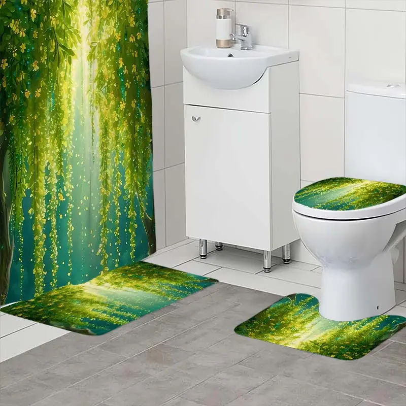 4 piece set of green Tengman pattern shower curtain, The 4-piece set includes a single shower curtain, anti slip floor mat, toilet U-shaped mat, toilet lid mat, with shower curtain hook, and belongs to bathroom decoration products