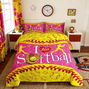 Softball Player Comforter Setsports Softball Bedding Set,Kids Girls Women,Adults Yellow and Pink Comforter,Gaming Quilted Duvet Set