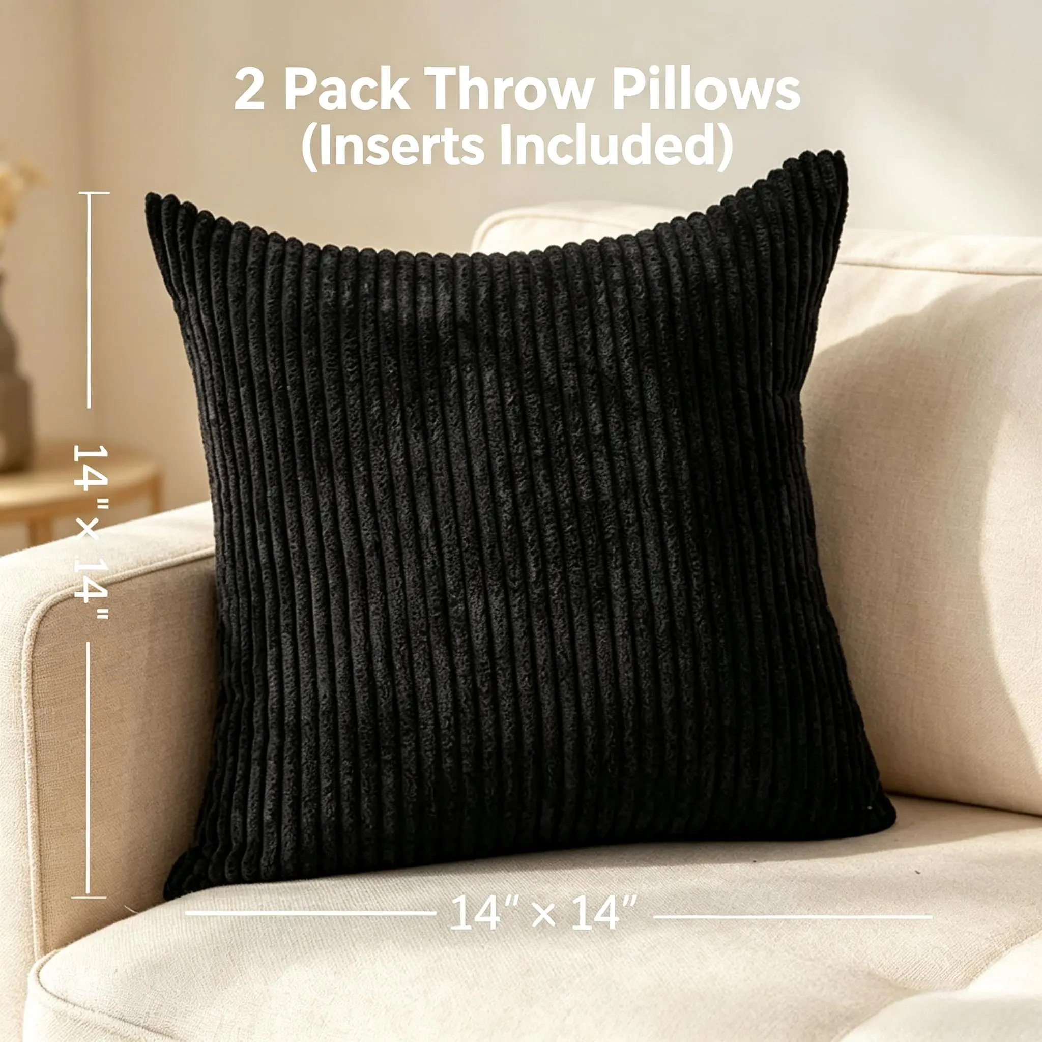 Striped Corduroy Throw Pillows 14×14 Inches Set of 2, Square Decorative Cushions with Inserts Included, Soft Pet & Kid Friendly Sofa Couch Bed Pillows