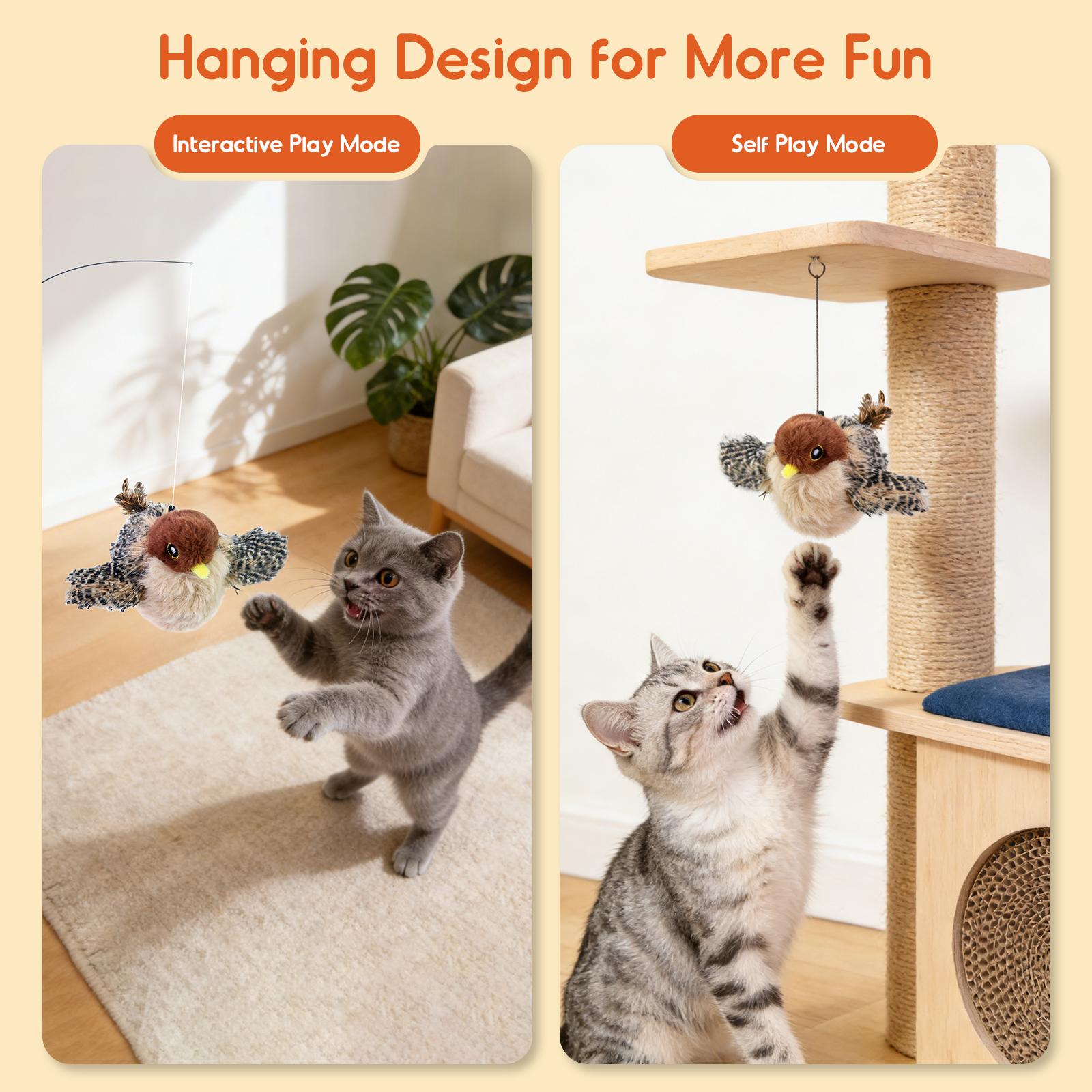 Flying Bird Cat Toy with Realistic Bird Sounds—a rechargeable, touch-activated interactive toy for kittens. This hanging cat toy is an interactive exercise toy suitable for cats of all breeds