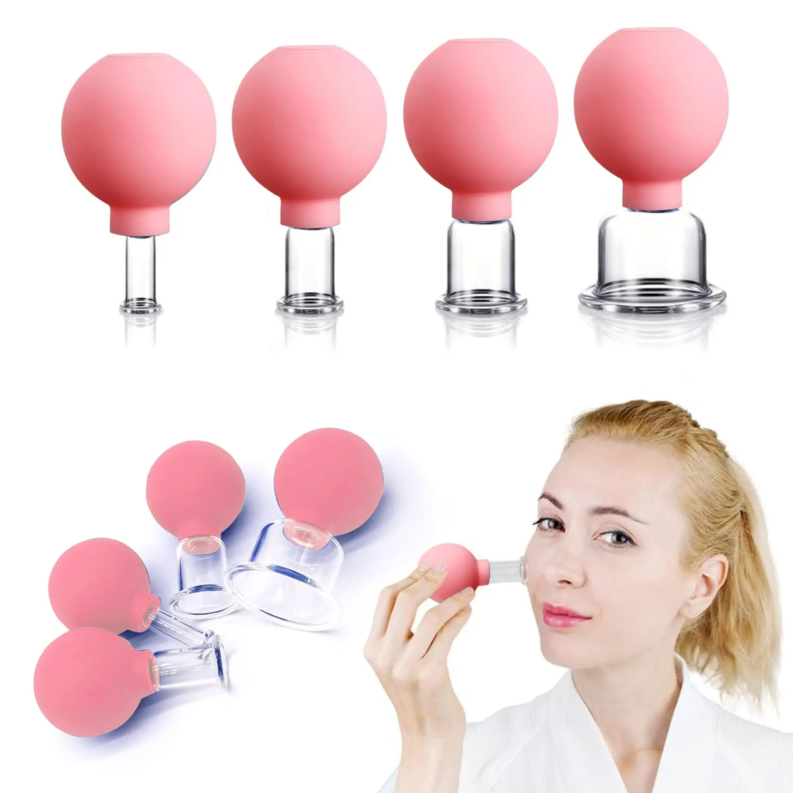4PCS Facial Lifting and Scraping Vacuum Silicone Cupping Device, Facial Massage and Cupping Device, Dual-use for Clearing The Back