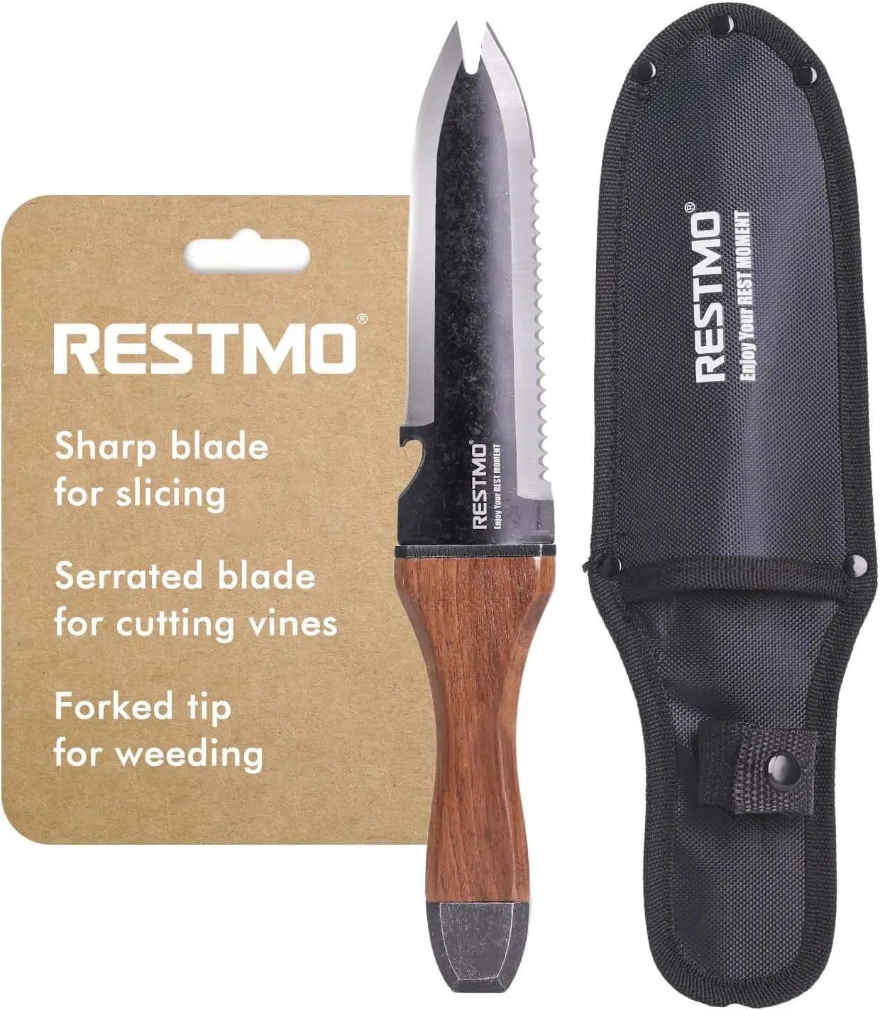Restmo Professional Hori-Hori Garden Knife with Nylon Sheath - High-Hardness Stainless Steel Dual-Edge Tip Pruning Knife, Full-Tang Design, Ergonomic Walnut Handle, Depth Gauge for Accurate Weeding, Easy Carry Gardening Tools
