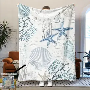 Vintage Nautical Starfish & Shell Blanket, Soft Polyester Fiber Throw, Ideal for Sofa Bed Beach House Decor