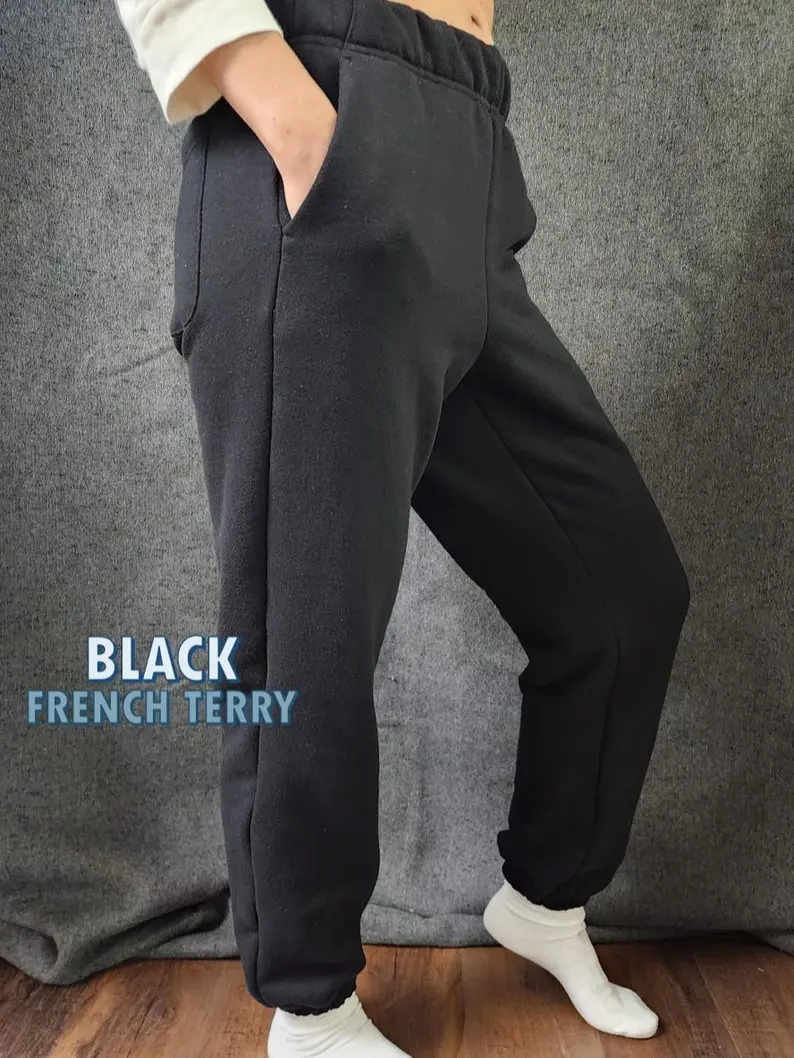 Organic Joggers 100% Cotton - Black Maroon Navy Khaki Gender Neutral Sweatpants for Unisex Wear Machine Washable French Terry Style