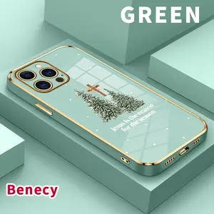 Soft TPU Case for iPhone 15 Pro Max 16 14 Plus 13 12 11 X XS Max XR Christmas Cross Pines Pattern Luxury Electroplating TPU Anti-Fingerprint Mobile Phone Back Cover