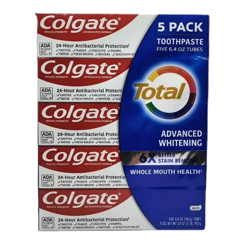 Colgate Total Active Prevention Plus Advanced Whitening Spearmint Toothpaste (6.4oz, 5-Pack) - Alcohol-Free, Antibacterial, Anti-Gingivitis, Sensitive Teeth, Peppermint Fresh, Anti-Cavity, Bad Breath Freshening, Brighter Pearly Whites Oral Care
