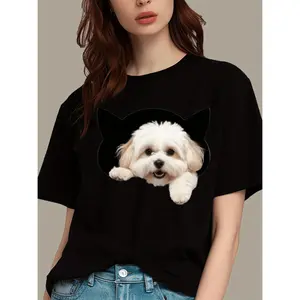 Comfortable Cotton Black Women's Short Sleeve Crew Neck T Shirt with Playful Dog Print Ideal for Casual Wear and Outdoor Activities
