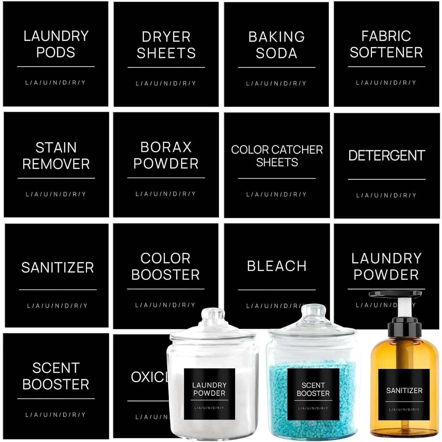 Laundry Labels for Jars,14 PCS Minimalist Laundry Room Sticker Labels,Removable  Labels for Laundry Containers,Home Storage Organization(Black)
