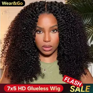 OQ HAIR 7x5 HD Afro Curly Wear Go Glueless Wig Pre Cut Lace Bleached Tiny Knots Wig Lace Front Wigs Human Hair PrePlucked Hairline Vacation Hair Wigs Outdoorfun dealsforyoudays