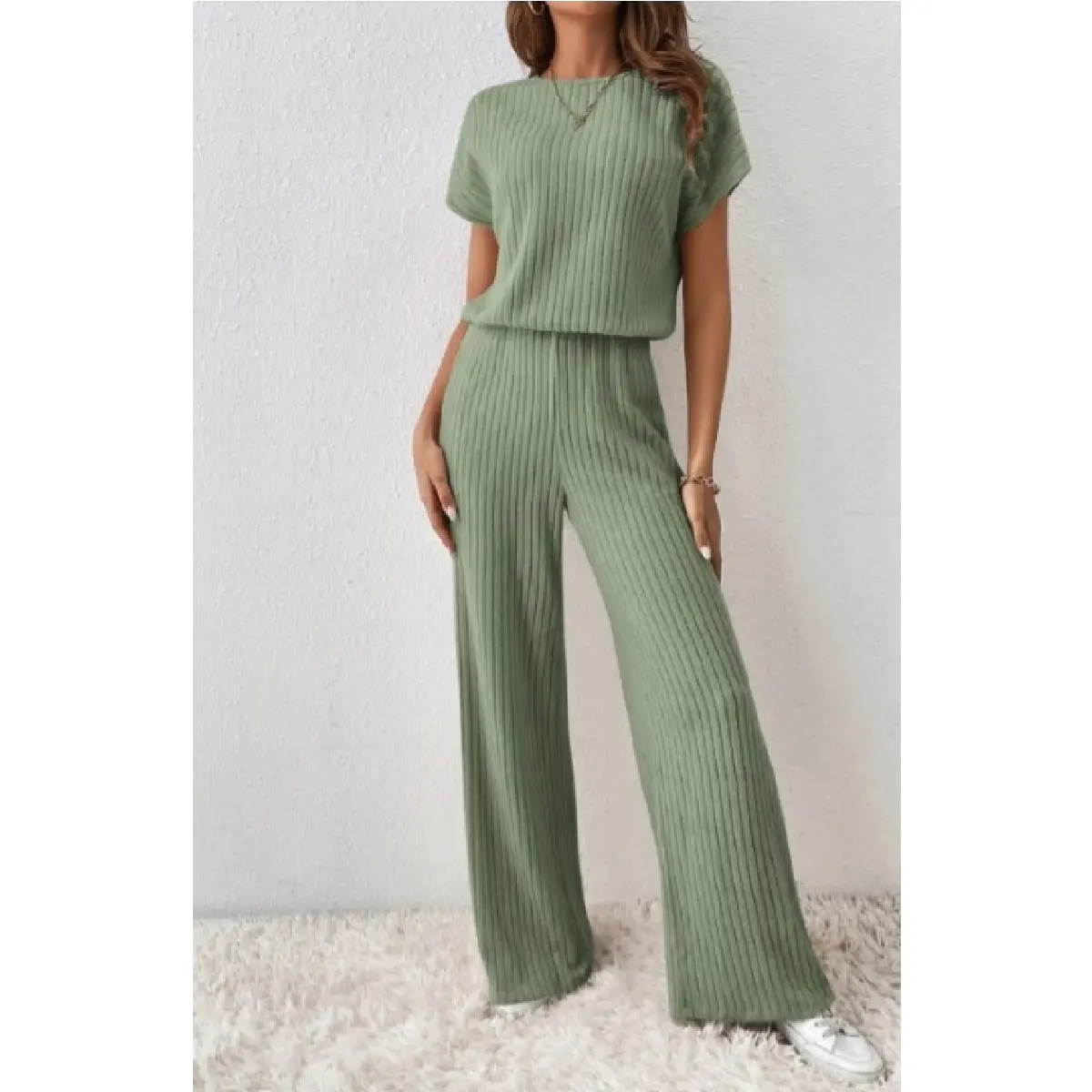 Sage Ribbed Short Sleeve Jumpsuit Casual Fit