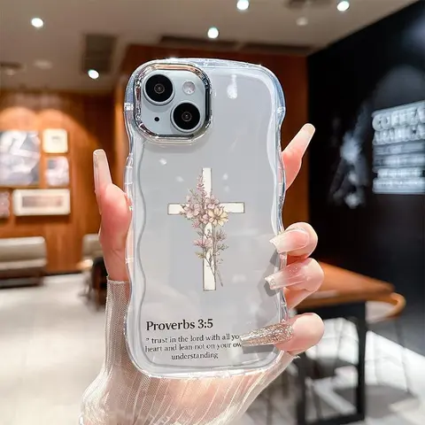 Transparent Soft TPU Plastic Cellphone Case Casing - Aesthetic Christian Cross, Flower Art, Scripture Verse, Water Ripple Electroplated Edges - Protective Smartphone Cover for IP12-IP17 Series, IP18 Air, 12,13,13 Pro Max,14,15 Pro Plus,16 E Devices