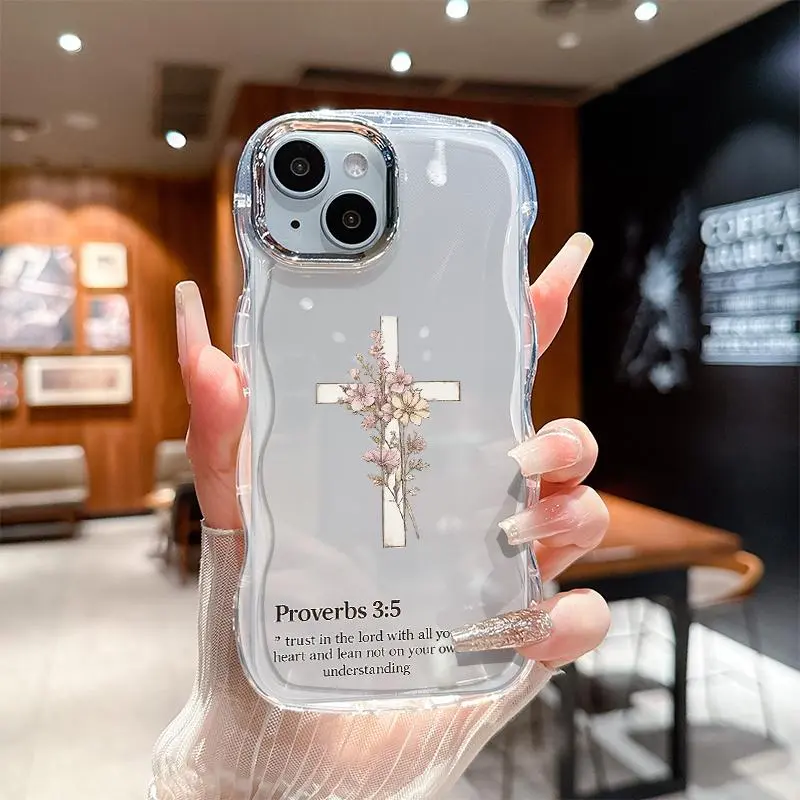 Aesthetic Christian Cross & Flowers Scripture Verse Soft Plastic TPU Phone Case - Water Ripple Electroplated Edges, Stylish Protective Cover for IP12-IP17 Series (12,13,13 Pro Max,14,15 Pro Plus,16 E,17 Air) Mobile Phone Accessory