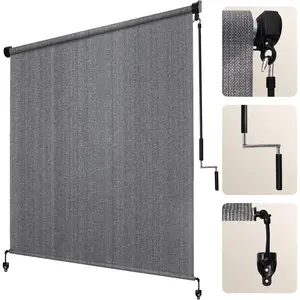 Outdoor Roller Shade 8'(W) x6'(H) Fabric Blind Gray 220GSM Roll Up Shade, Wand Operation Exterior Roller Shades Cloth for Patio Porch Gazebo, Spliced of Two Sections