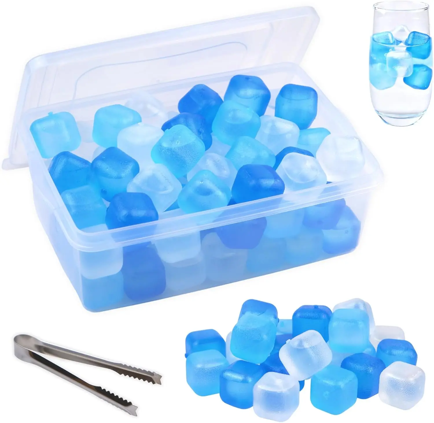 Ice Cube with Lid & Bin, 60 Pack Plastic Ice Cubes for Drinks , Refreezable Square Ice Cubes for Water Bottles, , , Coffee, ,  or