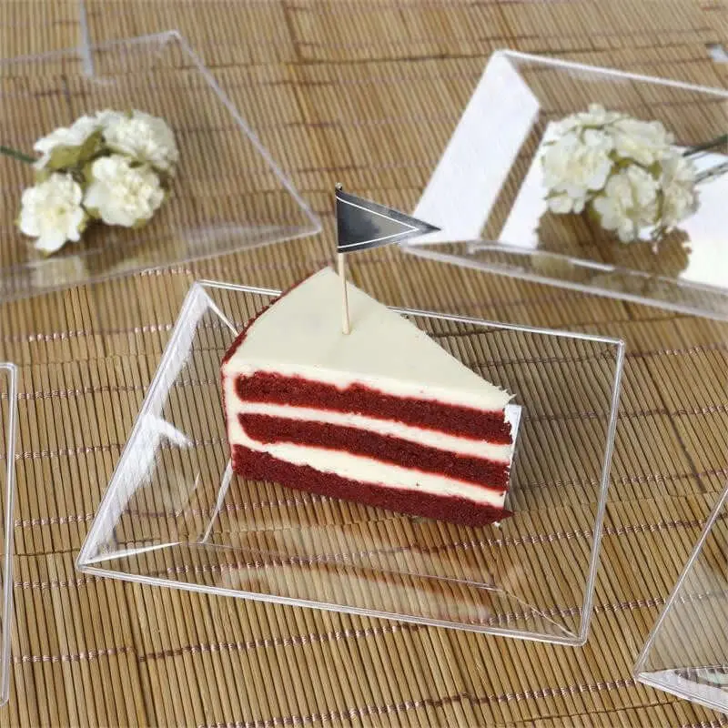 10-Pack Plastic Dessert Plates 6" Square Design with Wide Rim Clear - Disposable Appetizer Plates