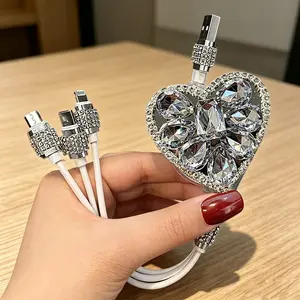 3-in-1 Sparkly Charger Cable Pink Clear Heart Bling Rhinestone Crystal Girly Aesthetic Car Phone Decor TikTok Viral Gift
