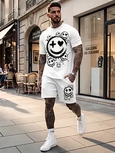 Men's Y2K Dark Smiley Face Print Tracksuit, Stretchy Polyester Fabric, Oversized Loose Fit, Casual Short Sleeve T‑Shirt & Drawstring Shorts 2‑Piece Outfit, Streetwear Matching Set For Adult Men, Summer Daily Wear, Viral TikTok Trendy Fashion