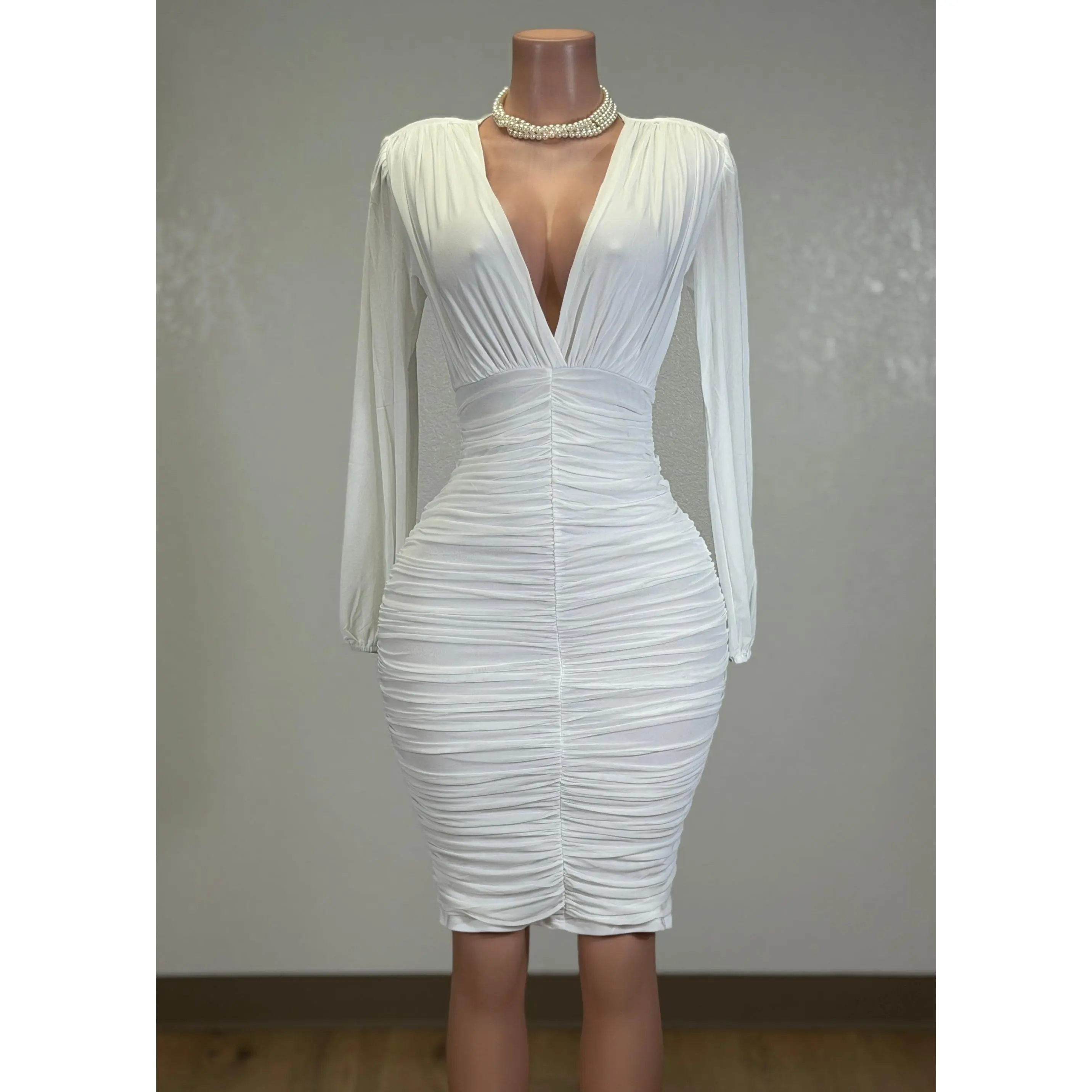 BIRDIE WHITE MESH RUCHED BODYCON V-NECK MIDI DRESS