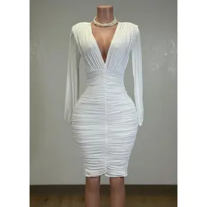 BIRDIE WHITE MESH RUCHED BODYCON V-NECK MIDI DRESS