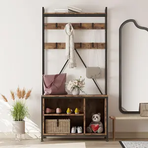 Hall Tree with Bench Coat Rack Freestanding 5 in 1 Industrial Shoe Bench with 3 Storage Cubbies and 8 Hooks Entryway Coat Rack with Shoe Storage, Rustic Brown