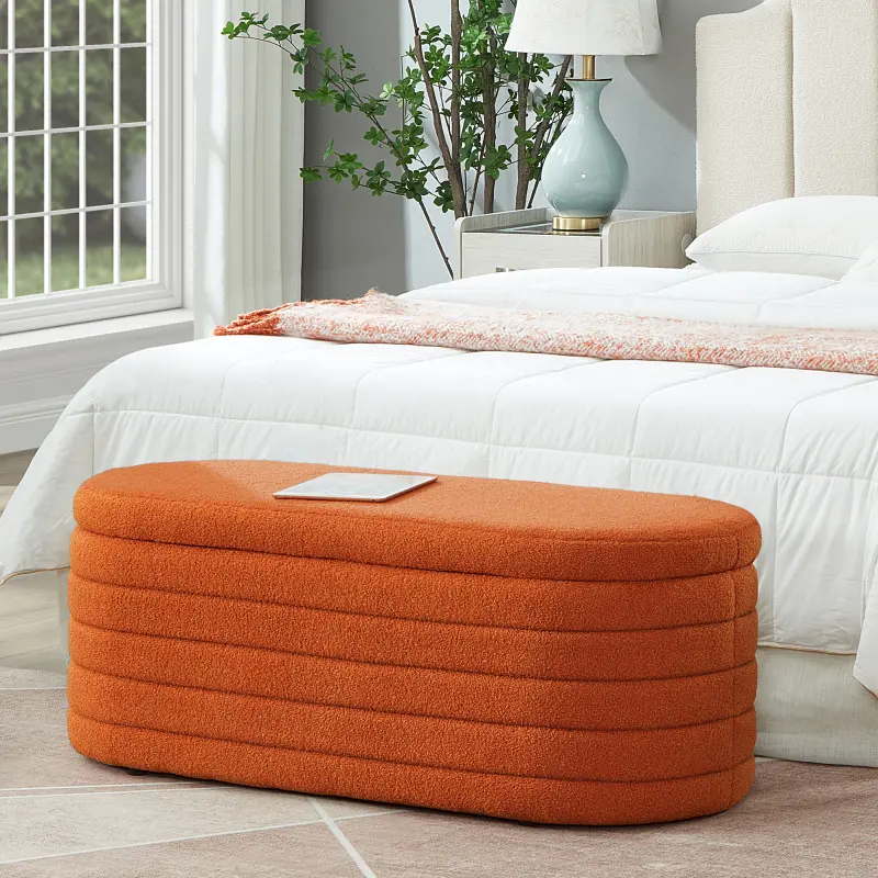 Backless Velvet Soft Modern Oval Counter Height Upholstered Boucle Teddy Fabric Storage Ottoman Bench - End of Bed Stool with Fixed Arms, Safety Hinge, Assembly Required for Bedroom, Living Room, Orange
