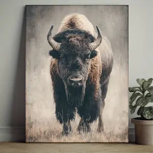1-piece framed American Bison and Buffalo wall art print - large-sized square modern western wildlife poster with wooden frame, black and white bison and horn pattern, suitable for office and cabin decoration - easy-to-hang canvas poster, 2D flat