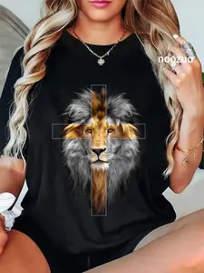 100% Cotton Unisex Christian Inspiration Jesus Lion of Judah T-Shirt Casual Graphic Printed Vintage Tshirt