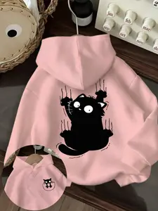 Black cat graphic print hoodie, drawstring casual hooded sweatshirt for winter & fall, New women's clothing Fit, Long Sleeve