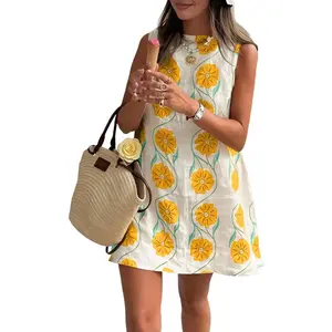 Women 2025 Summer Sleeveless Floral Short Shift Dress Cotton Linen Loose Tank Dress