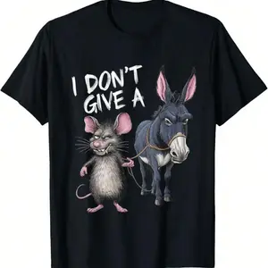 I Don't Give A Rats Ass Funny Graphic T-Shirt For Men - Black Casual Crew Neck Tee With Humorous Mouse & Donkey Design, Machine Washable, All-Season Comfort Fit, Pure Cotton Short Sleeved Shirt,