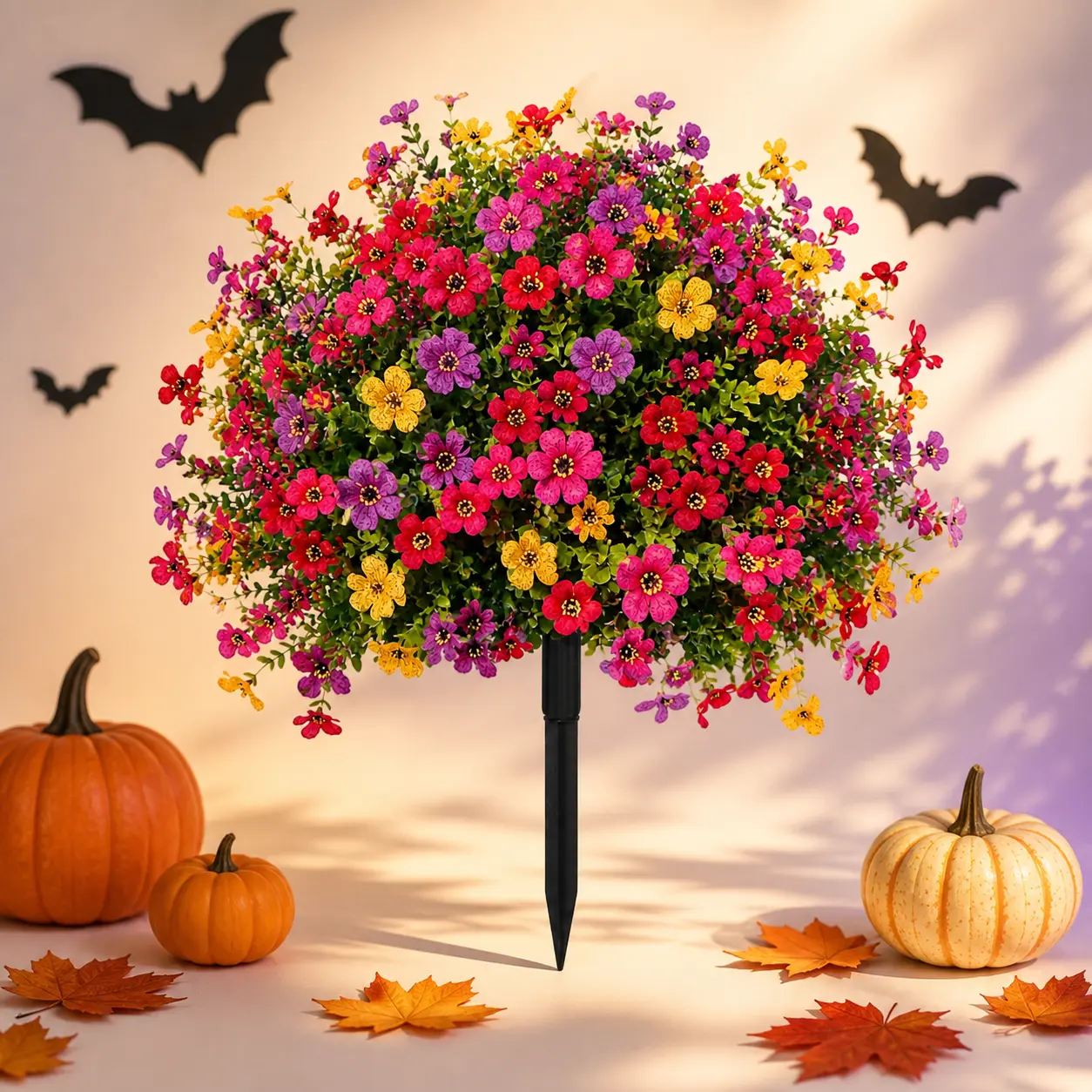 UV-Resistant Decorative Faux Flower Topiary Balls with Stakes, 1/2/4 Pack Waterproof Floral Decor, Low-Maintenance Outdoor Floral Arrangement for Fall Garden, Patio Decorations
