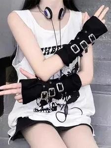 Women's Punk Style Metal Buckle Design Motorcycle Sleeve Gloves, Fitted Half Finger Mitts for Fall & Winter Fashion