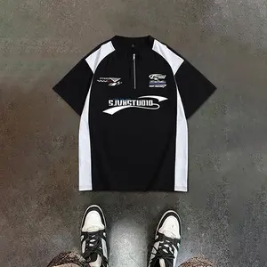 Men’s Summer Colorblock Contrast Panel Motorcycle Racing Short-Sleeve T-Shirt Top, Casual Loose Fit, Versatile Sports Style, Zipper Closure