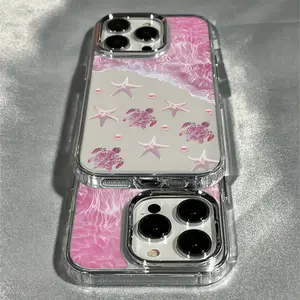 Phone case suitable for iPhone 17, 16 Pro Max, 15 Plus, 14, 13, 12 series. - Luxurious pink beach-themed phone case with transparent electroplated lens design