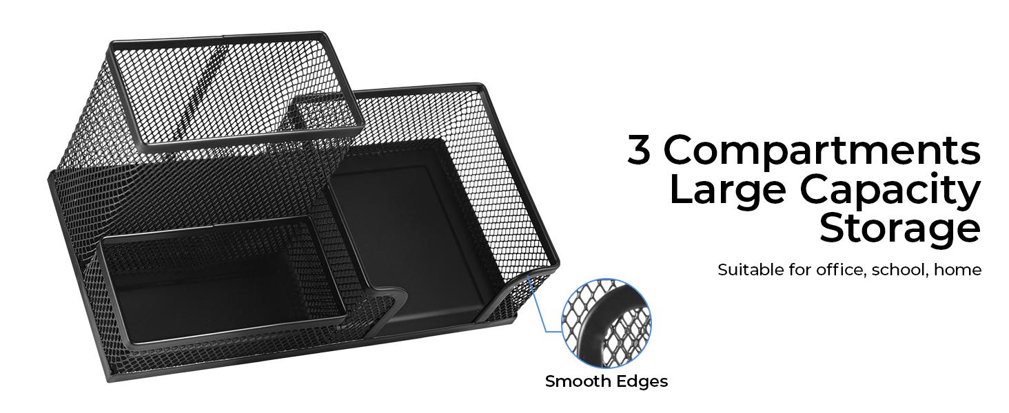 Mesh Pen Holder with Three Compartments & Sticky Notes Holder Durable Metal Desk Organizer for Office School Home