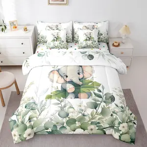 Cute Elephant Comforter Set,7 Pieces for Kids Green Eucalyptus Bedding Comforter Set,Woodland Animal Bed in a Bag Botanical Plant Leaves Bedding Set,Cartoon Wildlife Bed Sheets Set
