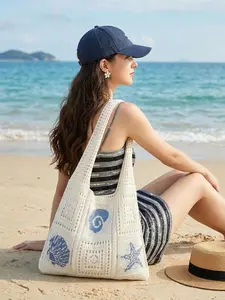Women's Crochet Beach Tote Bag, Summer Leisure & Vacation, Hollow Design, Large Capacity, Foldable, Sandproof, Ideal for Travel & Daily Use, Lightweight Beach Bag