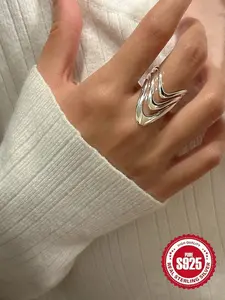 S925 Sterling Silver Fashionable Multi-layer Cuff Design Ring, Statement Rings, Fashion Jewelry for Party, Daily Clothing Decor, Trendy All-match & Exquisite Jewelry for Birthday Gift