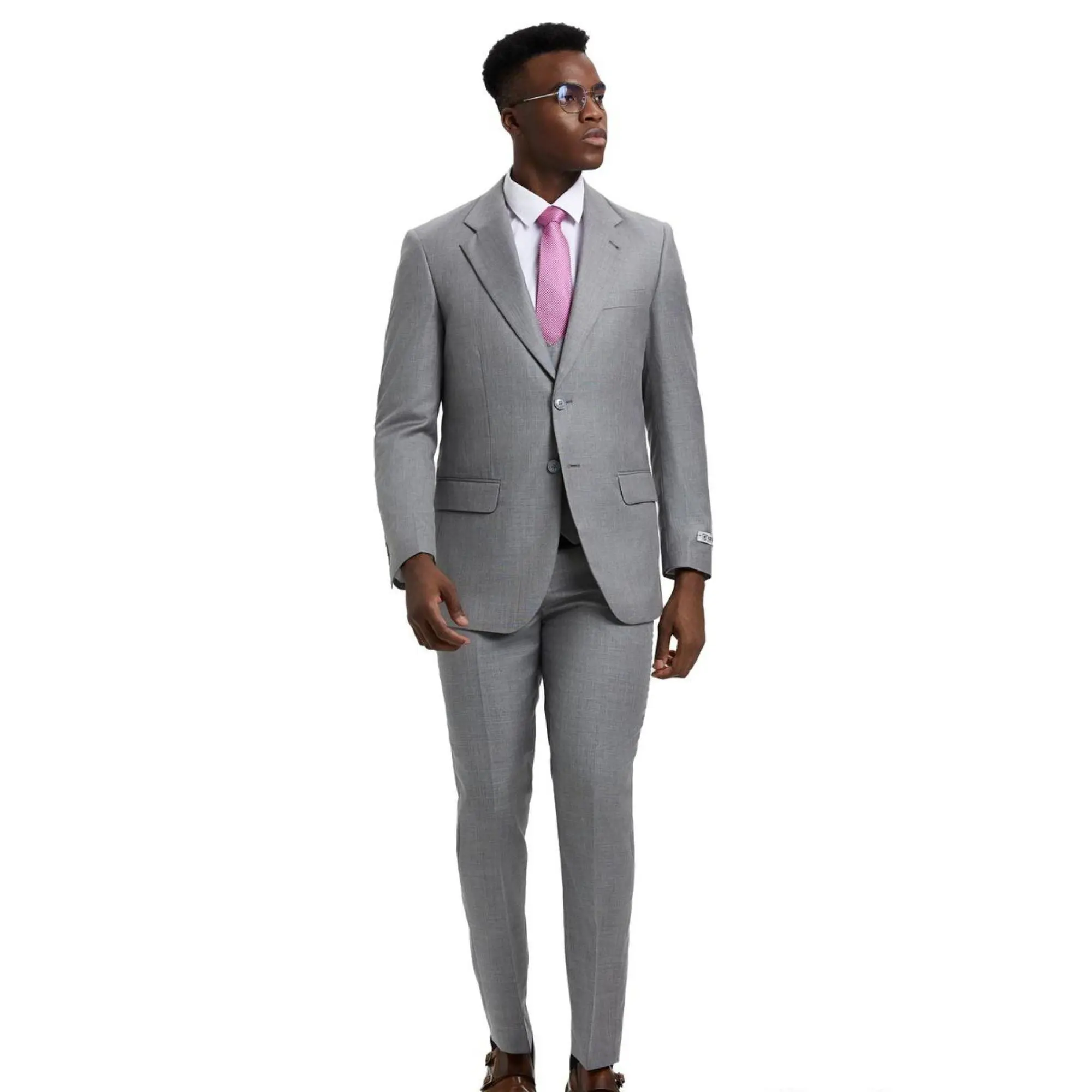 Textured 3-Piece Hybrid Fit Suit with Double-Breasted Vest - Stone Grey
