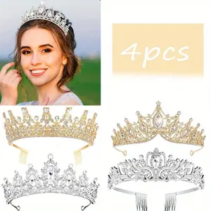 4Pcs/Set Pageant Crown with Combs,Princess Rhinestones Tiara Headband Prom Tiara for Women,Queen Crowns for Quinceanera Birthday Cosplay Wedding Christmas Party Gifts,Fashion Accessories