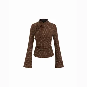 Cider Mandarin Collar Textured Polka Dot Tie Front Ruched Top