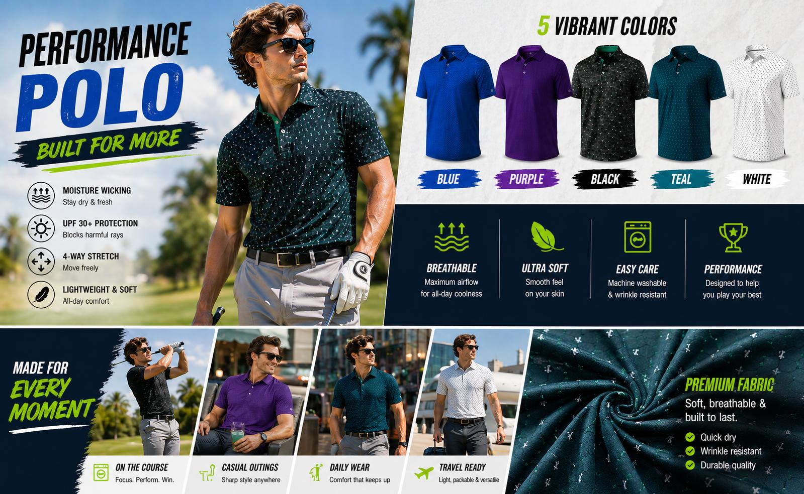 ZITY Men's Golf Shirts Short Sleeve Moisture Wicking Performance Print Patterns Casual Collared Golf Polo Shirt for Men