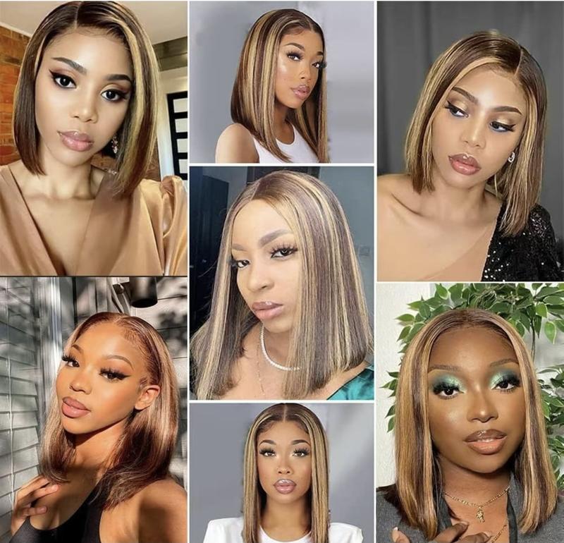 Highlight Lace Front Bob Wig Human Hair 14 Inch Ombre Honey Blonde 13x4 Hd Lace Front Wigs Human Hair Pre Plucked Middle Part 4/27 Colored Lace Frontal Wigs(14 Inch, 4/27 Highlight)