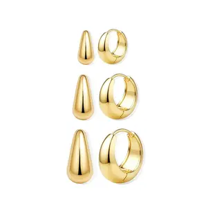 3 Pcs Chunky Gold Hoop Earrings Set for Women Gold Plated Lightweight Gold Hoop Earrings Everyday Jewelry Silver Hypoallergenic Earrings Set