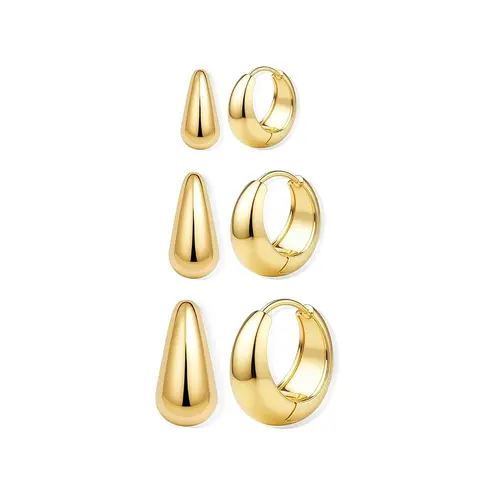 Women's 3-Pcs Chunky Shiny Gold Hoop Earrings Set - Gold-Plated, Lightweight, Hypoallergenic, Silver Option, Stackable, Classic Daily Costume Jewelry Accessories for Women, Statement Earrings, Classic Gold Hoop Earrings