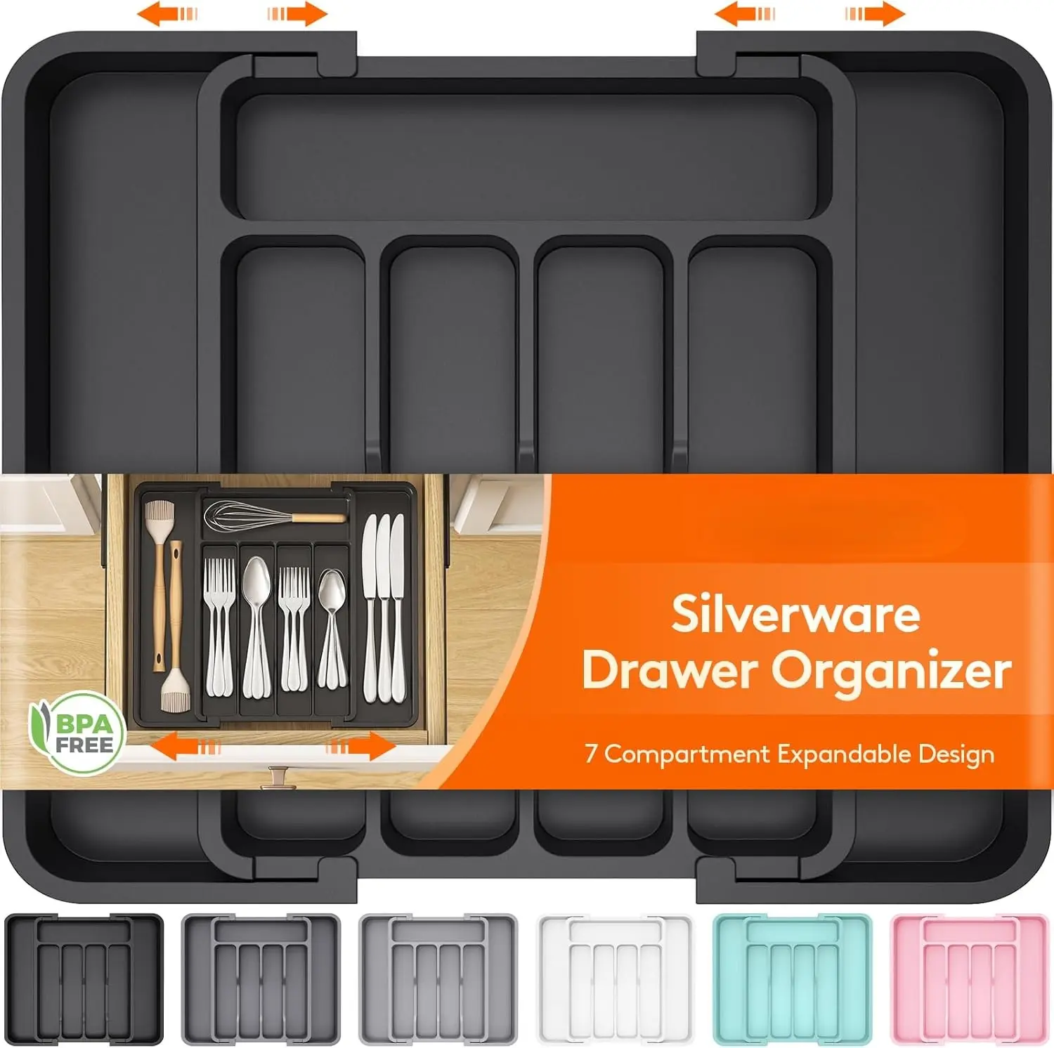 Silverware Drawer Organizer Expandable Utensil Tray for Kitchen BPA Free Flatware and Cutlery Holder Adjustable Plastic Storage for Spoons Forks Knives 8.5"-14.1" x 12.1" Black