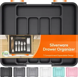 Silverware Drawer Organizer Expandable Utensil Tray for Kitchen BPA Free Flatware and Cutlery Holder Adjustable Plastic Storage for Spoons Forks Knives 8.5"-14.1" x 12.1" Black