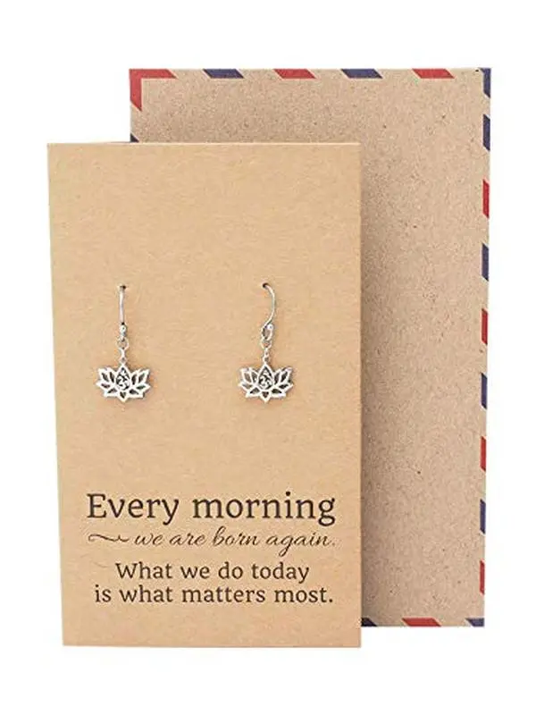 Quan Jewelry Yoga Lotus Flower earring with Om Symbol, Happy Birthday Gifts Ideas for Mom, Daughter, Women with Inspirational Quote on Gift Card (Dangle Earrings)