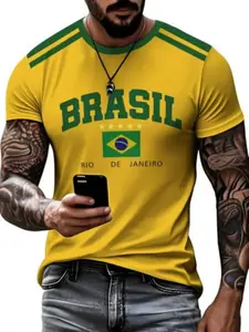 Men's Brazil National Team Jersey Training Fan Essential 3D Printed Sports Tops Casual T-Shirt, Short Sleeve Fitted Long Top