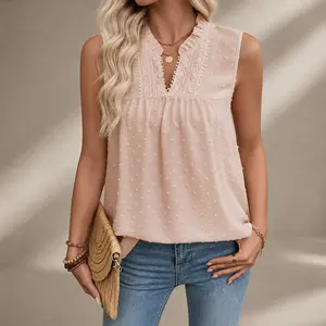Women's Tank Top Lace Casual V Neck Elegant Swiss Dot Smocked Sleeveless T Shirts Tops 2026 Womenswear Fashion Outfits SummerVibes